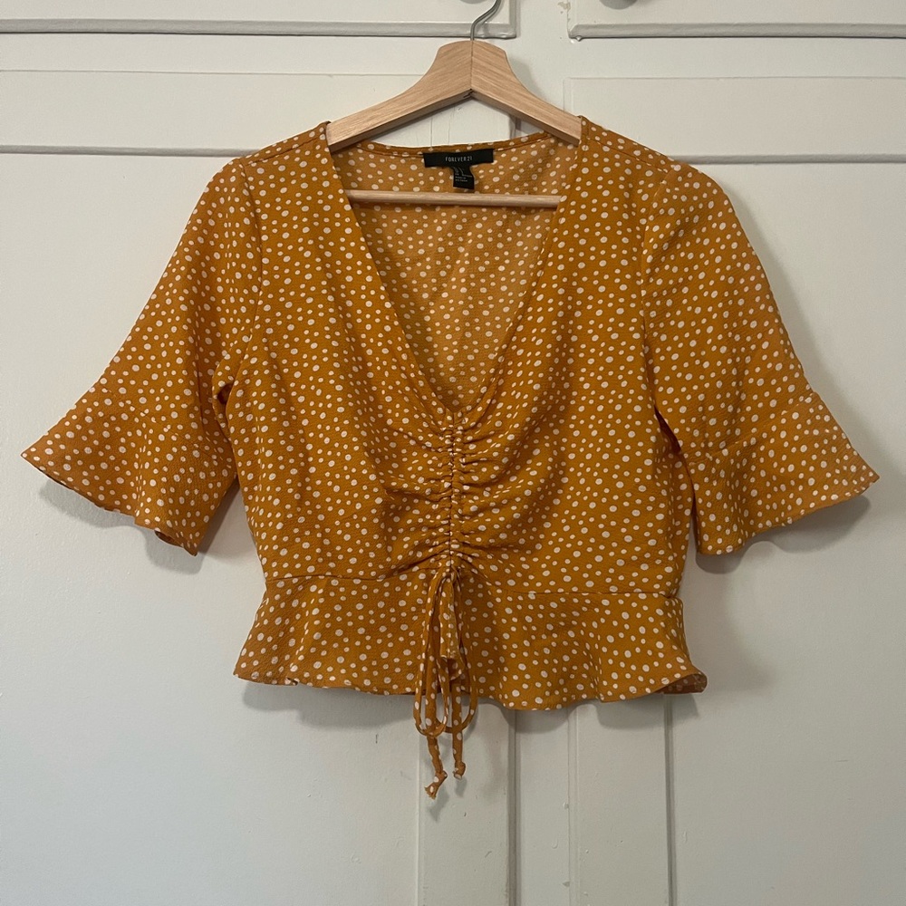 Forever 21 Mustard Polka Dot Blouse Crop Top Size Small